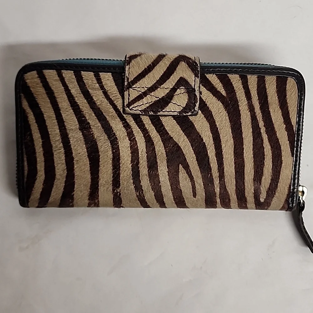 Boden Rare Vintage 100% Hair & Cowhide Leather Zebra Unisex Wallet Teal Accents